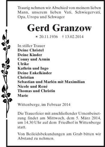 Traueranzeige von Gerd Granzow von Der Prignitzer