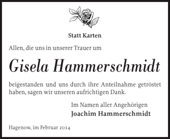 Traueranzeige von Gisela Hammerschmidt von Hagenower Kreisblatt