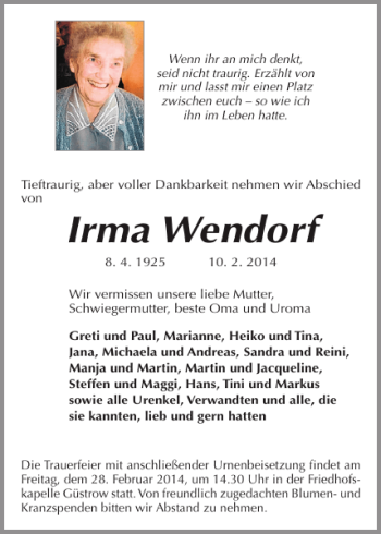 Traueranzeige von Irma Wendorf von Güstrower Anzeiger