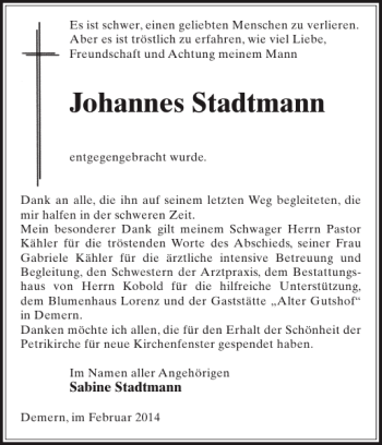 Traueranzeige von Johannes Stadtmann von Gadebusch-Rehnaer Zeitung