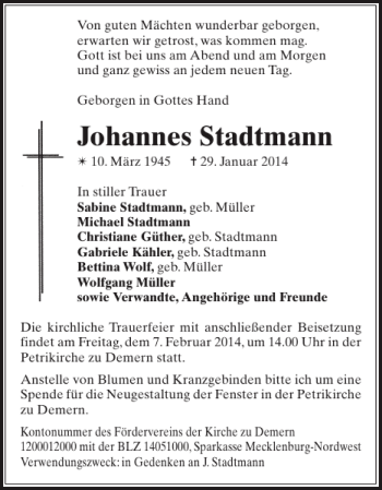 Traueranzeige von Johannes Stadtmann von Gadebusch-Rehnaer Zeitung