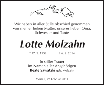 Traueranzeige von Lotte Molzahn von Bützower Zeitung