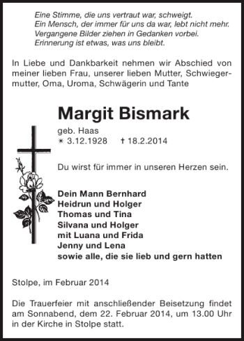 Traueranzeige von Margit Bismark von Zeitung für Lübz - Goldberg - Plau