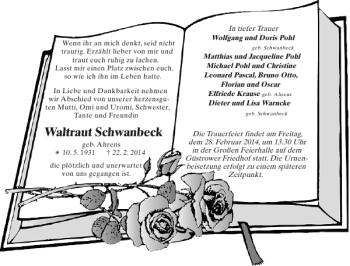 Traueranzeige von Waltraut Schwanbeck von Güstrower Anzeiger