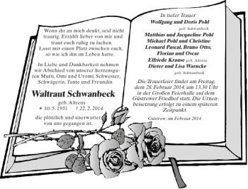 Traueranzeige von Waltraut Schwanbeck von Güstrower Anzeiger