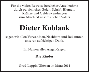 Traueranzeige von Dieter Kublank von Der Prignitzer