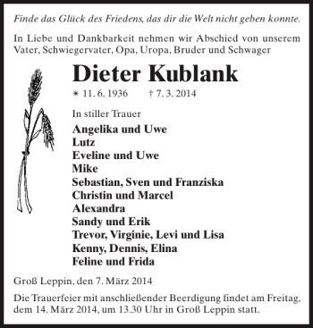 Traueranzeige von Dieter Kublank von Der Prignitzer