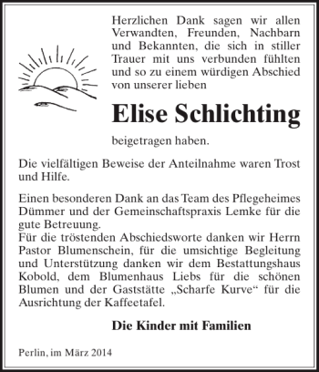 Traueranzeige von Elise Schlichting von Gadebusch-Rehnaer Zeitung