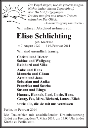 Traueranzeige von Elise Schlichting von Gadebusch-Rehnaer Zeitung