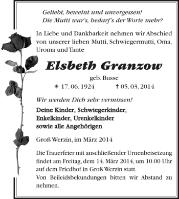 Traueranzeige von Elsbeth Granzow von Der Prignitzer