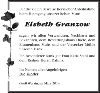 Traueranzeige von Elsbeth Granzow von Der Prignitzer