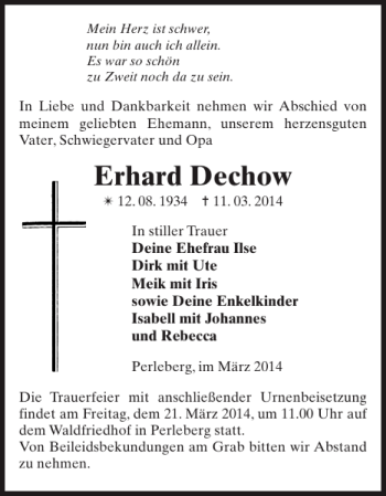 Traueranzeige von Erhard Dechow von Der Prignitzer