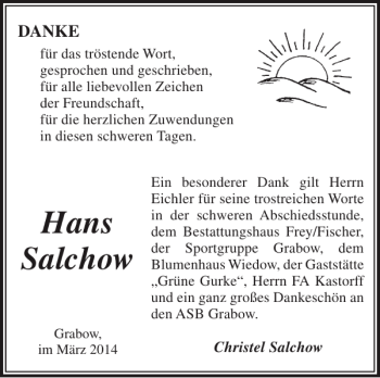 Traueranzeige von Hans Salchow von Ludwigsluster Tageblatt