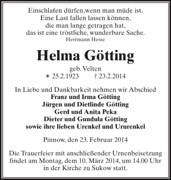 Traueranzeige von Helma Götting von Zeitung für die Landeshauptstadt