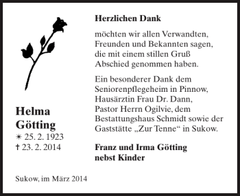 Traueranzeige von Helma Götting von Zeitung für die Landeshauptstadt