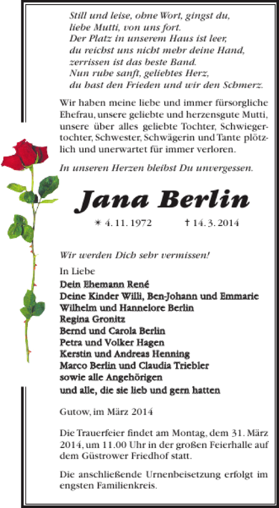  Traueranzeige für Jana Berlin vom 22.03.2014 aus Güstrower Anzeiger