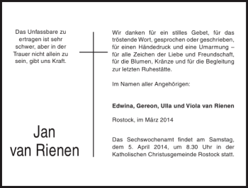 Traueranzeige von Jan van Rienen von Norddeutsche Neueste Nachrichten