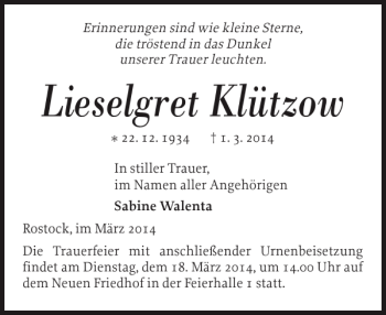 Traueranzeige von Lieselgret Klützow von Norddeutsche Neueste Nachrichten