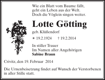 Traueranzeige von Lotte Götting von Zeitung für die Landeshauptstadt