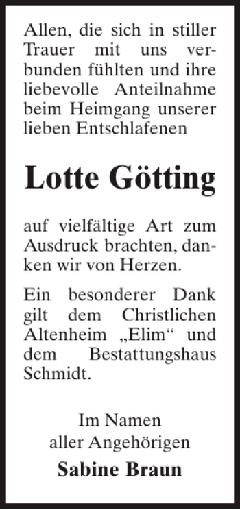 Traueranzeige von Lotte Götting von Zeitung für die Landeshauptstadt