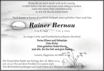 Traueranzeige von Rainer Bernau von Ludwigsluster Tageblatt