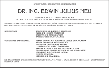 Traueranzeige von DR. ING. EDWIN JULIUS NEU von Norddeutsche Neueste Nachrichten