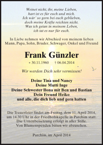 Traueranzeige von Frank Günzler von Zeitung für Lübz - Goldberg - Plau