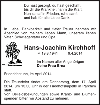 Traueranzeige von Hans-Joachim Kirchhoff von Parchimer Zeitung