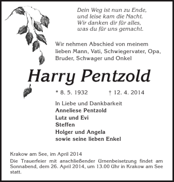 Traueranzeige von Harry Pentzold von Güstrower Anzeiger