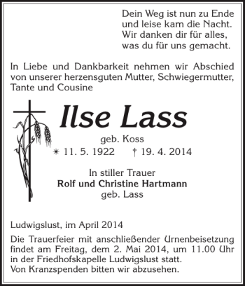 Traueranzeige von Ilse Lass von Ludwigsluster Tageblatt