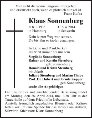 Traueranzeige von Klaus Sonnenberg von Zeitung für Lübz - Goldberg - Plau