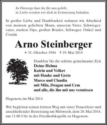 Traueranzeige von Arno Steinberger von Hagenower Kreisblatt