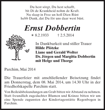 Traueranzeige von Ernst Dobbertin von Parchimer Zeitung