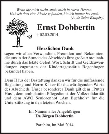 Traueranzeige von Ernst Dobbertin von Parchimer Zeitung