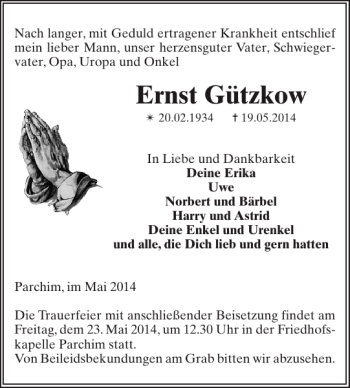 Traueranzeige von Ernst Gützkow von Parchimer Zeitung