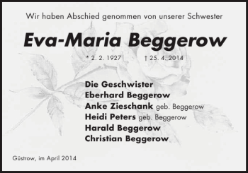 Traueranzeige von Eva-Maria Beggerow von Güstrower Anzeiger