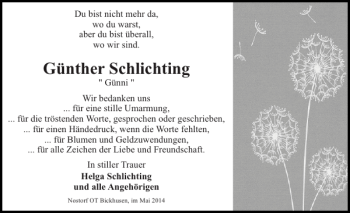 Traueranzeige von Günther Schlichting von Hagenower Kreisblatt