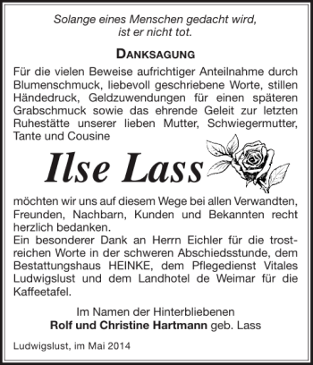 Traueranzeige von Ilse Lass von Ludwigsluster Tageblatt