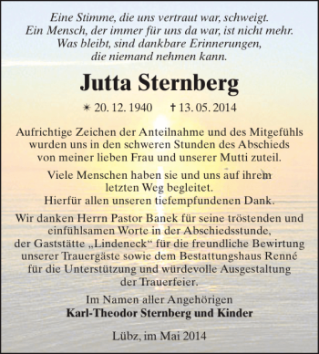 Traueranzeige von Jutta Sternberg von Zeitung für Lübz - Goldberg - Plau