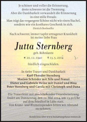 Traueranzeige von Jutta Sternberg von Zeitung für Lübz - Goldberg - Plau