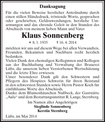 Traueranzeige von Klaus Sonnenberg von Zeitung für Lübz - Goldberg - Plau