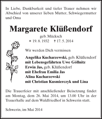 Traueranzeige von Margarete Klüßendorf von Zeitung für die Landeshauptstadt