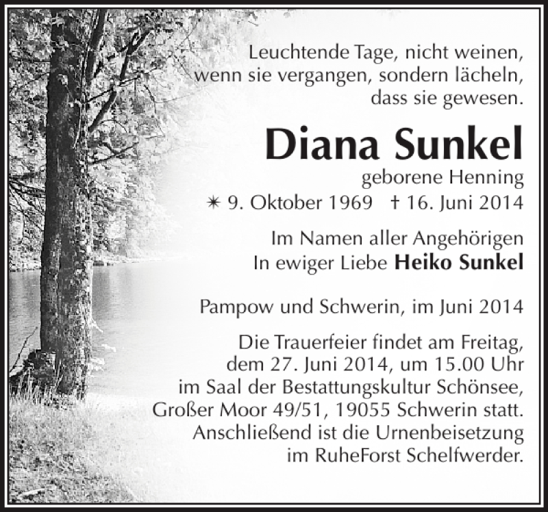  Traueranzeige für Diana Sunkel vom 21.06.2014 aus Zeitung für die Landeshauptstadt