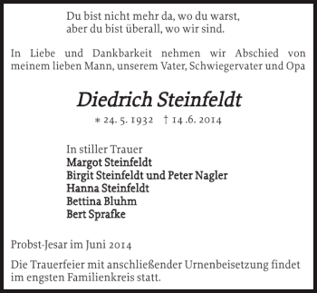 Traueranzeige von Diedrich Steinfeldt von Hagenower Kreisblatt