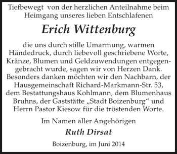 Traueranzeige von Erich Wittenburg von Hagenower Kreisblatt