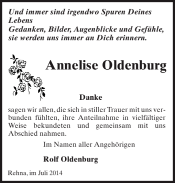 Traueranzeige von Annelise Oldenburg von Gadebusch-Rehnaer Zeitung