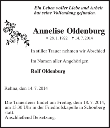 Traueranzeige von Annelise Oldenburg von Gadebusch-Rehnaer Zeitung