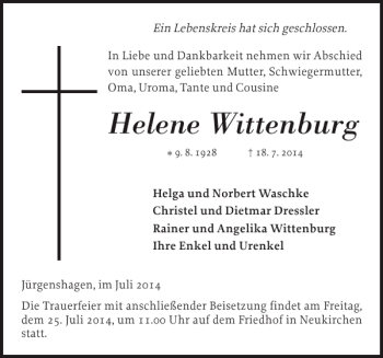 Traueranzeige von Helene Wittenburg von Bützower Zeitung