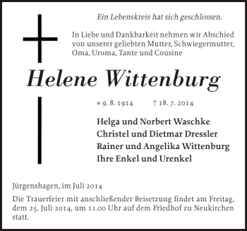 Traueranzeige von Helene Wittenburg von Bützower Zeitung