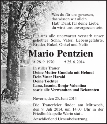 Traueranzeige von Mario Pentzien von Anzeiger für Sternberg - Brüel - Warin